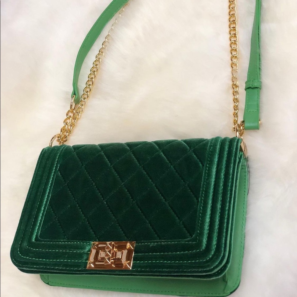 Emerald Velvet Quilted Crossbody Purse